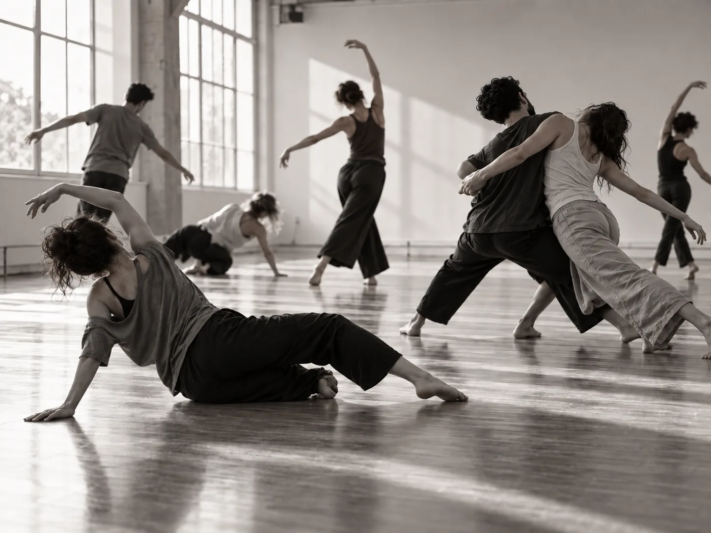 Adults exploring contemporary movement in a dance studio